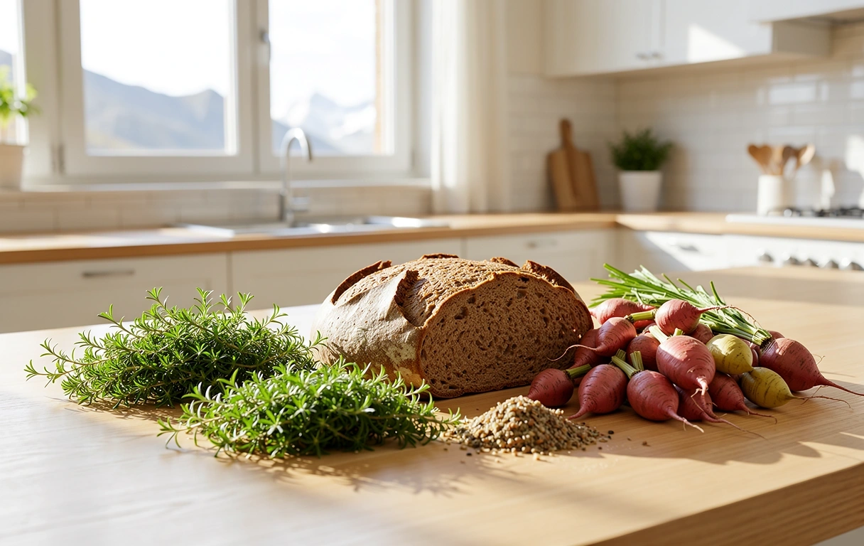 Frische alpine Zutaten auf einem Küchentisch